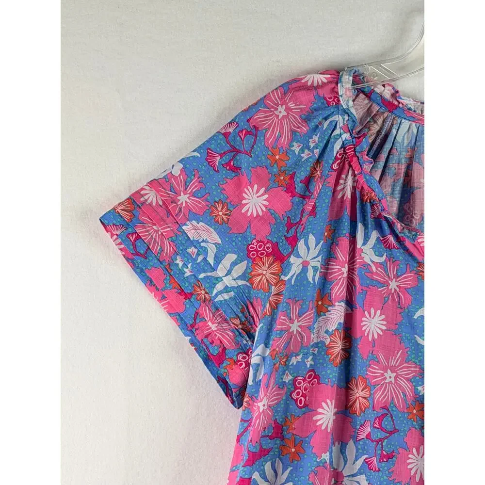 Hatley Short Sleeve Peasant Blouse Floral Pink Blue Womens Large